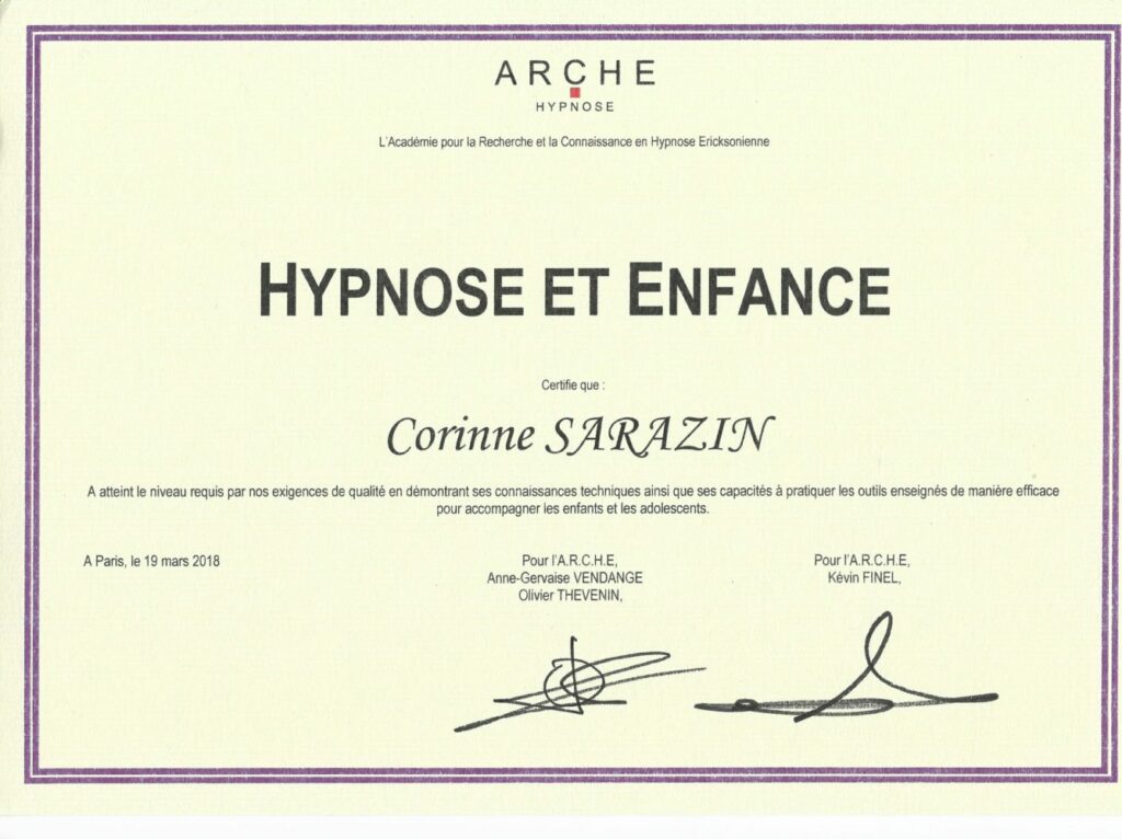 certificat diplome attestation hypnose et enfance arche corinne sarazin hypnose a marseille apt 84