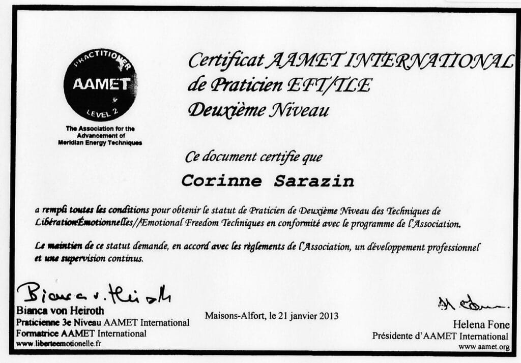 certificat aamet emotional freedom techniques eft corinne sarazin